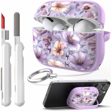Imagem de TATOFY Capa com trava para Airpods Pro, capa rígida de flores para iPod Pro para mulheres e meninas com kit de limpeza de suporte de telefone (violeta, AirPods Pro 2 e Pro)