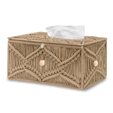 Imagem de KaloKalo Capa de caixa de lenços feita à mão decorativa macramê boho retangular suporte de lenço de algodão guardanapo tecido organizador de papel facial boêmio recipiente de armazenamento de mesa com