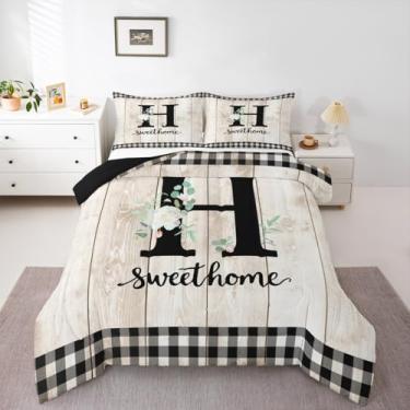 Imagem de Erosebridal Conjunto de cama solteiro, alfabeto de flores, letra H, rústico, bege, porta de celeiro, para crianças, meninos, meninas, mulheres, fazenda, primavera, jardim, enchimento de edredom (H)