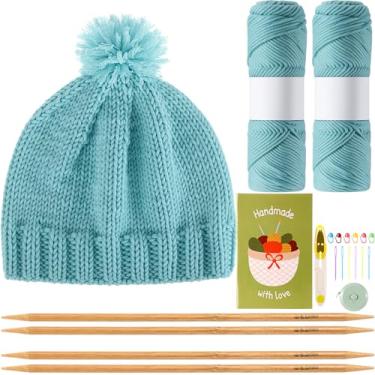 Imagem de Maasechs Kits de tricô para iniciantes e adultos, conjunto completo de tricô com fio de agulhas de bambu, kit de crochê para iniciantes com acessórios completos de crochê para mulheres e homens (azul)