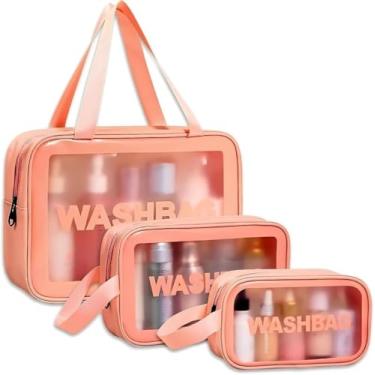 Imagem de Kit 3 Necessaire Maquiagem Transparente WashBag A Prova De Água (ROSA)