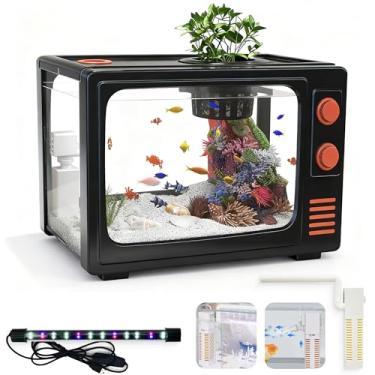 Imagem de Kit de aquário de aquário de 3 galões com luzes LED, filtro e plantador de plantas - design retrô em forma de TV, jardim aquático de mesa para betta/peixinho dourado (preto - 3 galões)