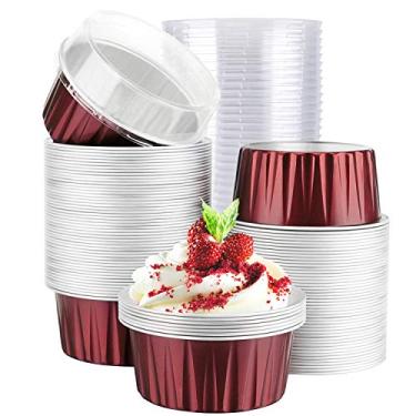 Imagem de EUSOAR Copos de alumínio para assar, 142 g, 100 peças, copos de cupcake reutilizáveis com tampas, ramequins de torta de 8,5 x 6,5 x 6 cm, flans de sobremesas, copos de creme brulee, copos de pudim