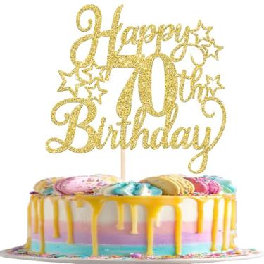 Imagem de Rsstarxi 1 pacote de topo de bolo de feliz aniversário dourado com glitter para decorações de aniversário de 70 anos para homens e mulheres artigos de festa de aniversário de 60 anos