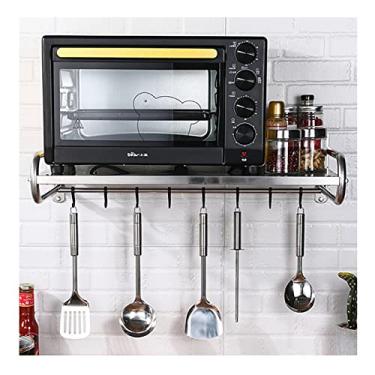 Imagem de Prateleira de parede de aço inoxidável, prateleira de metal, suporte de parede resistente, prateleira de forno de micro-ondas com 6 ganchos