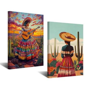 Imagem de CXHOSTENT Impressões de arte de parede femininas do deserto emolduradas do sudoeste 2 peças mulher mexicana no deserto tocando guitarra pintura cacto paisagem decoração de banheiro (28 x 35 x 2 peças)