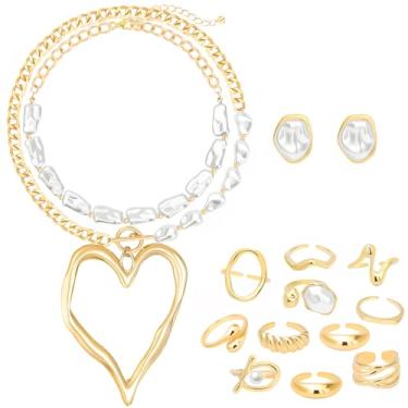 Imagem de NEWITIN Conjunto de 15 peças de joias de ouro grosso para mulheres joias de pérolas barrocas banhado a ouro colar de pérolas em camadas conjunto de brincos grossos para mulheres