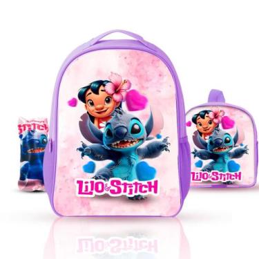 Imagem de Mochila Infantil Kit Escolar Lilo Stitch Menina com Lancheira e Estojo