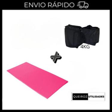 Imagem de KIT Caneleira de Peso Preta Par de 4KG + Colchonete Rosa Treino/Academ
