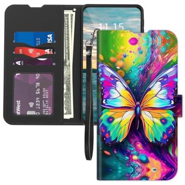 Imagem de Capa para celular Cricket Outlast/AT&T Jetmore, com alça de pulso com suporte de cartão, fecho magnético flip de couro PU, capa interna de TPU com proteção contra quedas, borboleta arco-íris