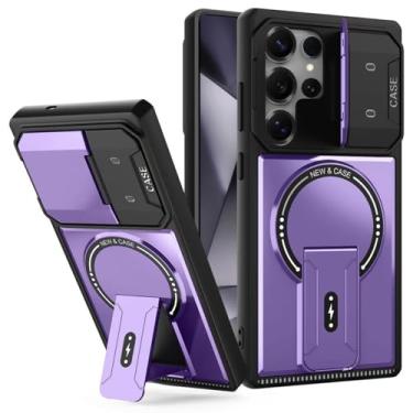 Imagem de Capa para Samsung Galaxy S24 Ultra com capa para câmera, capa magnética para celular com suporte, capa resistente à prova de choque com suporte, carteira embutida para cartão para Samsung S24 Ultra 5G
