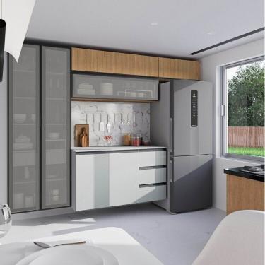 Imagem de Cozinha Modulada 5 Peças 3 Aéreos 1 Balcão 1 Cristaleira Nara Cabecasa Madeiramadeira Avena-cinza Claro