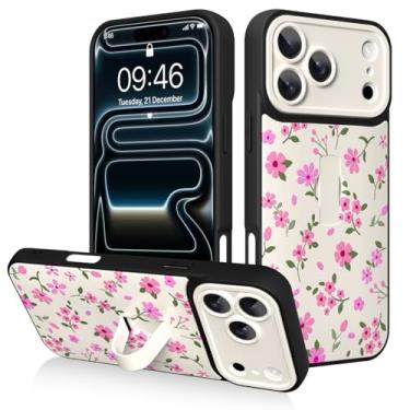 Imagem de AIGOMARA Capa para iPhone 17 Pro Max com alça de dedo, estampa floral rosa para mulheres e meninas, capa protetora à prova de choque com suporte de mão antiarranhões, branca