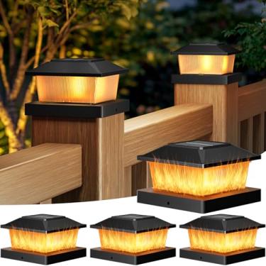 Imagem de btfarm Luzes de poste de chama solar 4 x 4 ao ar livre, pacote com 4 luzes de poste de cerca de chamas cintilantes, iluminação à prova d'água, alimentada por energia solar, ajuste externo 10 x 10 x
