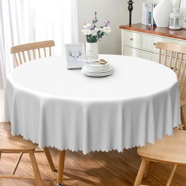 Imagem de TTQYFNM Toalha de mesa redonda branca de 121 cm de cor sólida de poliéster branco puro, tecido circular resistente a manchas e lavável, capa de mesa para cozinha, jantar, aniversário, casamento