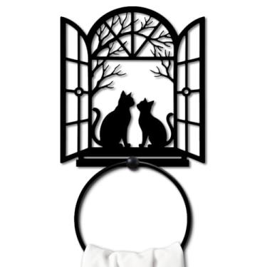 Imagem de MAYJOYDIY Anel de toalha de metal em forma de gato, janela redonda, suporte de toalha de mão, gancho preto, vintage, organizador de parede, para cozinha, banho, casa, lavanderia, decoração, presentes