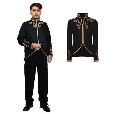 Imagem de rumnigh Prince Jacket for Men, Court Fashion Prince Uniform Gold Embroidered Suit Jacket Medieval Costume Halloween Cosplay (Black, XX-Large)
