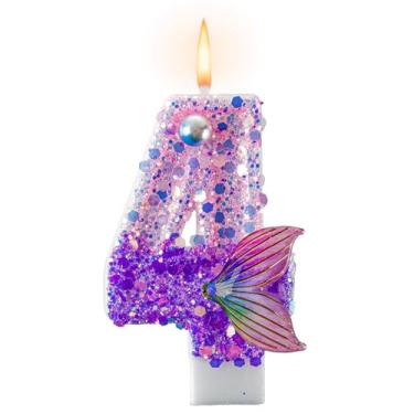 Imagem de Velas de aniversário com tema de sereia para decorações de festa de aniversário, número 4, lembrancinhas de festa de aniversário com glitter, suprimentos para topo de bolo de 7,3 cm