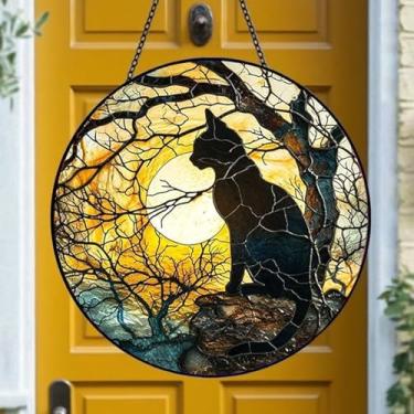 Imagem de Decoração de janela de disco redondo para pendurar em acrílico com ilustração de gato, enfeite de pendurar para exibição de janela de casa 15 x 15 x 0,2 cm