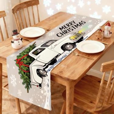 Imagem de Caminho de mesa de Natal 33 x 91 cm - Decoração de mesa de jantar de cozinha de inverno impressa caminhão branco vintage carregando uma árvore de Natal no corredor de neve para decoração de casa