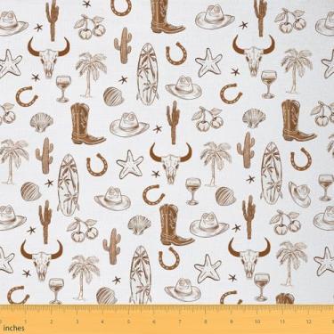 Imagem de jejeloiu Tecido caubói da The Yard 2 jardas infantil tecido de estofamento marrom ocidental para cadeiras chapéu botas ferradura concha para projetos de bricolage em casa, decoração interna e externa