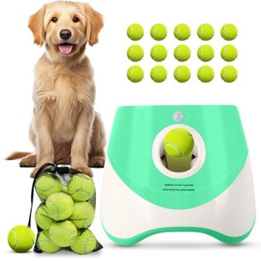 Imagem de FAHKNS Lançador automático de bolas para cães pequenos, brinquedo interativo para cães internos/externos, lançador de bola recarregável por USB, 30 a 30 pés, inclui 15 mini bolas de tênis, verde