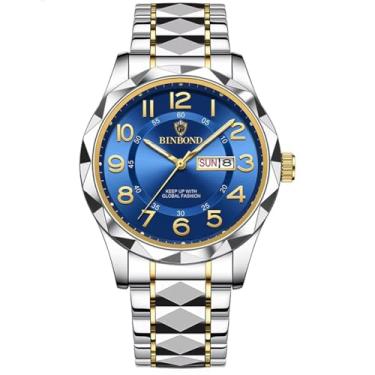 Imagem de W WOLF-CUB Relógio de pulso masculino de quartzo à prova d'água luminoso data semana relógio masculino de aço inoxidável presente masculino, Prata e azul, Negócios e casuais