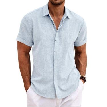 Imagem de Camisa masculina COOFANDY, manga curta, linho, casual, azul