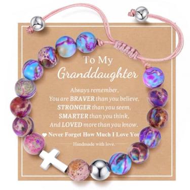 Imagem de MEALGUET Pulseira de cruz para meninas adolescentes: pulseiras de contas de pedra imperador natural fé presentes cristãos joias católicas religiosas batismo comunhão meias para meninas adolescentes