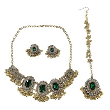 Imagem de Colar gargantilha étnica indiana Jhumka com borla oval de strass Maang Tikka Conjunto de 3 peças Boêmio Oxidado Tradicional Cristal Jhumki Retrô Bollywood Declaração Cigana Casamento Joias para