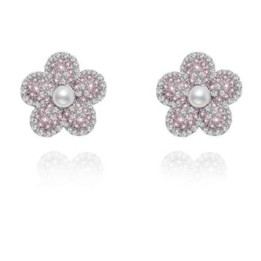 Imagem de Brincos de flor elegantes e requintados, brincos de zircão rosa temperamento, acessórios femininos personalizados, acessórios de flores requintados M2003, 0.75 in × 0.75 in, Latão, Sem pedra preciosa