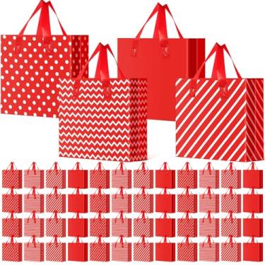 Imagem de Tenceur 48 peças de sacolas de plástico para presente de Natal com alça vermelha para compras, sacolas de guloseimas com listras de bolinhas, padrões ondulados para presente de festa de Natal