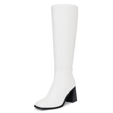 Imagem de CELLENZ Botas femininas de cano alto: salto grosso de 7,6 cm, bota alta de bico quadrado, botas longas de inverno e outono Gogo com zíper lateral para trabalho, saída à noite, festa, dança, Branco, 39