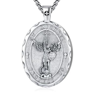 Imagem de OigvcoTe Colar com pingente de São Miguel, banhado a ouro 24K com esmalte vermelho, corrente de 40 cm, medalha de proteção religiosa, formato oval, 44 Millimeters, Metal, Zircônia cúbica