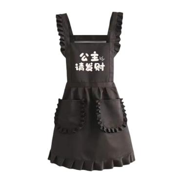 Imagem de ＫＬＫＣＭＳ retrô com babados, fantasia de empregada doméstica, adorável e charmoso para mulheres e meninas, com bolsos, ideal para cosplay, Preto