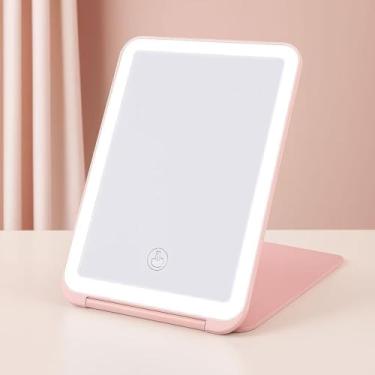 Imagem de Espelho Maquiagem LED Mesa Redonda | Madeira Bambu + Base Giratória | Luz Natural USB | Presente Decorativo Rosa/Branco(Mini Rosa)