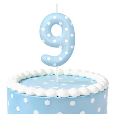 Imagem de Velas de aniversário de bolinhas azuis para bolo, velas número 9, decorações de aniversário, suprimentos de festa, topo de bolo de bolinhas para decoração de festa temática para meninos e meninas