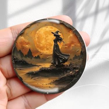 Imagem de Ímã de geladeira vintage, design de lua cheia, bruxa - adesivo redondo de resina acrílica de 5,8 cm, presente de decoração retrô, tamanho perfeito para geladeira, armário ou qualquer superfície