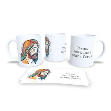 Imagem de Caneca Religiosa com Terço, Com o Terço Renovo Minha Devoção, Porcelana Branca, Design Artístico em Tons Pastéis (13742)