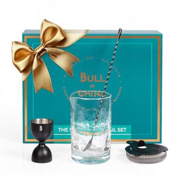 Imagem de Bull in China Kit de coquetel premium: libere seu barman interior! | Copo de mistura emblemático, colher de barra de gota preta de 30,5 cm, preto fosco Bell Jigger e coador Hawthorne