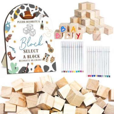 Imagem de Kit de jogos de chá de bebê caubói, decoração de chá de bebê faroeste, jogos de cowboy para bebês com 50 blocos de madeira em branco, 24 marcadores de tinta acrílica e placa de madeira, placa de