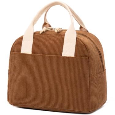 Imagem de LOVELYWIND Lancheira feminina com isolamento de açúcar mascavo, elegante bolsa de veludo cotelê com forro de alumínio, refrigerador reutilizável de grande capacidade para trabalho, viagens ou praia