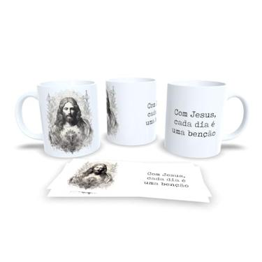 Imagem de Caneca Religiosa com Terço, Com o Terço Renovo Minha Devoção, Porcelana Branca, Design Artístico em Tons Pastéis (13753)