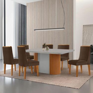 Imagem de Mesa De Jantar Aspen 180cm Tampo Mdf E Vidro 6 Cadeiras Lisboa Veludo Marrom/nat/off/serig. Off