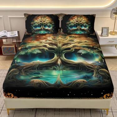 Imagem de AILONEN Jogo de lençol com elástico árvore da vida com 2 fronhas, solteiro, colorido, boêmio, para decoração de quarto, 3 peças