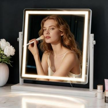 Imagem de KAI-ROAD Espelho de maquiagem com luzes – Espelhos de maquiagem iluminados por LED de 39,9 x 39,9 cm, altura ajustável, tela sensível ao toque com iluminação em 3 cores, regulável, rotação de 360°