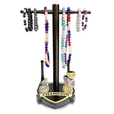 Imagem de Suporte de anel de exibição de colar de beisebol e softball, suporte organizador de colar de gotejamento de madeira - Suporte de anel de campeonato para colares de beisebol, anéis esportivos e