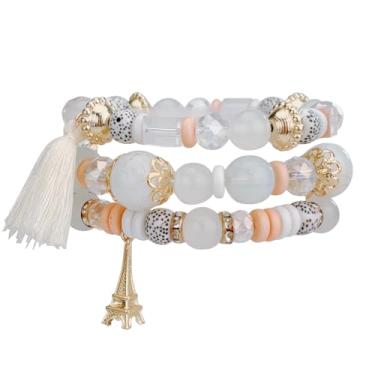 Imagem de BHDJSHX Conjunto de pulseiras elásticas empilháveis com contas boêmias, conjunto com berloques e borlas, pulseiras elásticas de várias camadas, verão, praia, praia, joia boho, presente para mulheres