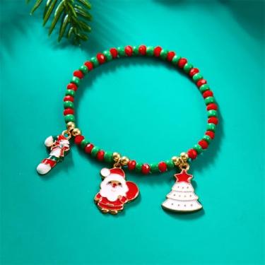 Imagem de Pulseira de Natal com pingente de Papai Noel com contas de boneco de neve pendurada com cordão elástico pulseiras elásticas de Natal para festas femininas, One Size, Liga de aço, Sem Pedra Preciosa