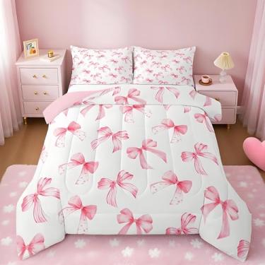Imagem de Feelyou Jogo de cama kawaii, com laço rosa, para crianças, meninos, meninas, fofo, estilo princesa, sonhador, ultramacio, edredom com nó de coquete, edredom para decoração de quarto
